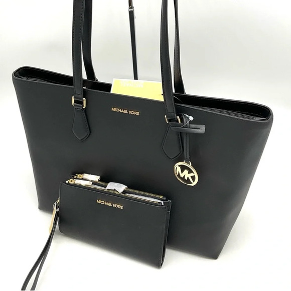 Michael Kors Bag Large Sheila Mf Tote Bag & Large Double Zip Wallet Black/Gold - Picture 11 of 15